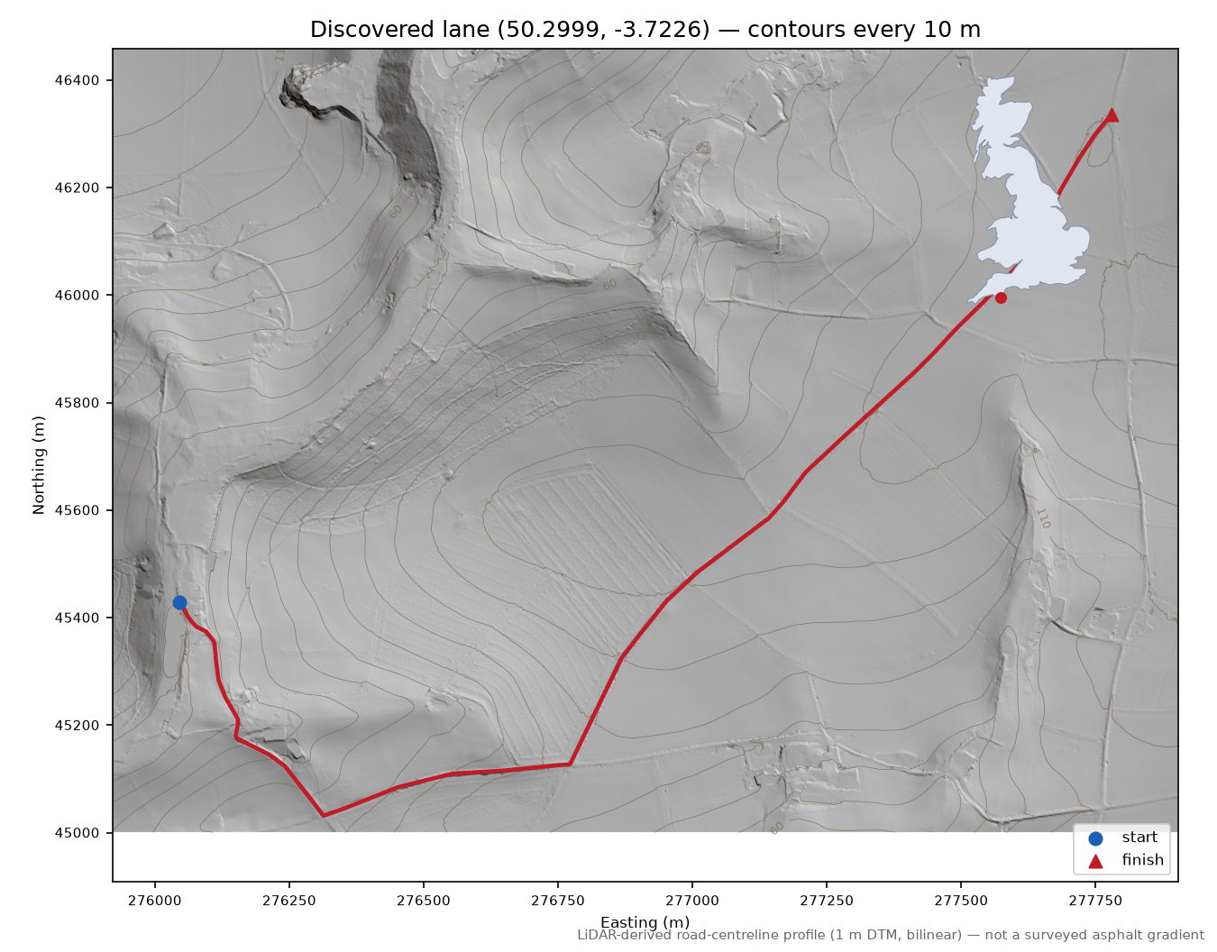 Goveton to Cole's Cross LiDAR hillshade map with contours