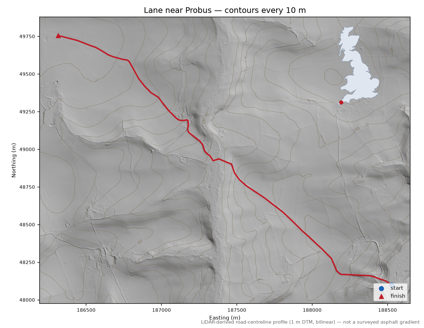Lane near Probus LiDAR hillshade map with contours