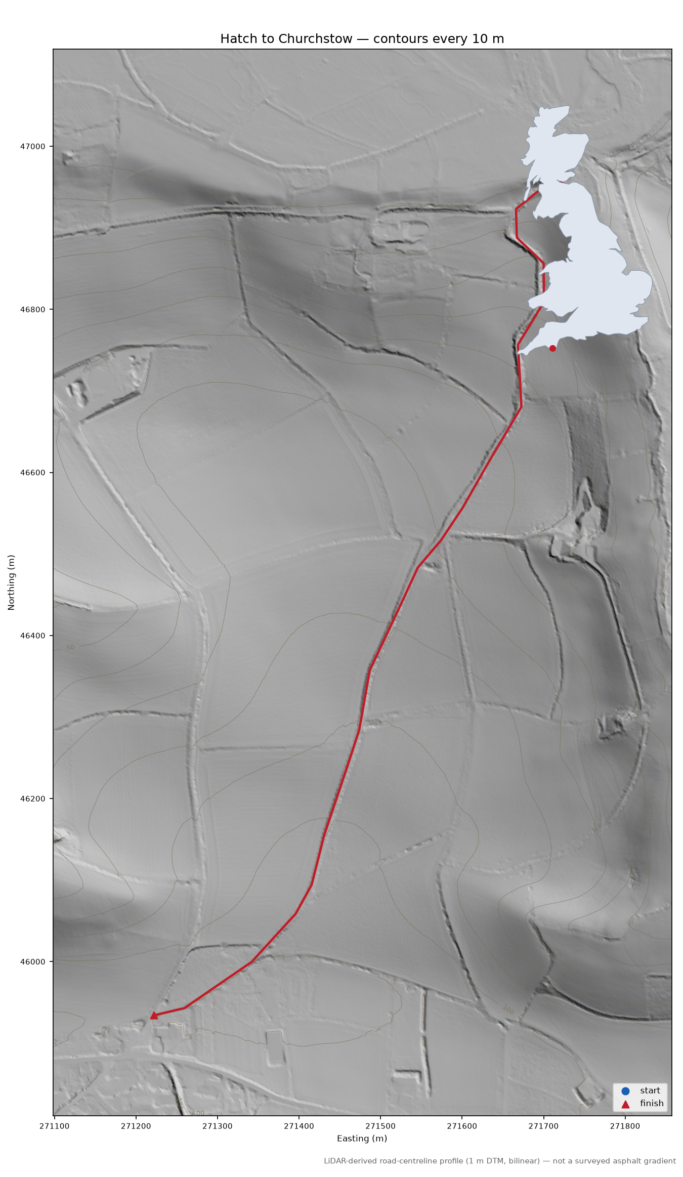 Hatch to Churchstow LiDAR hillshade map with contours