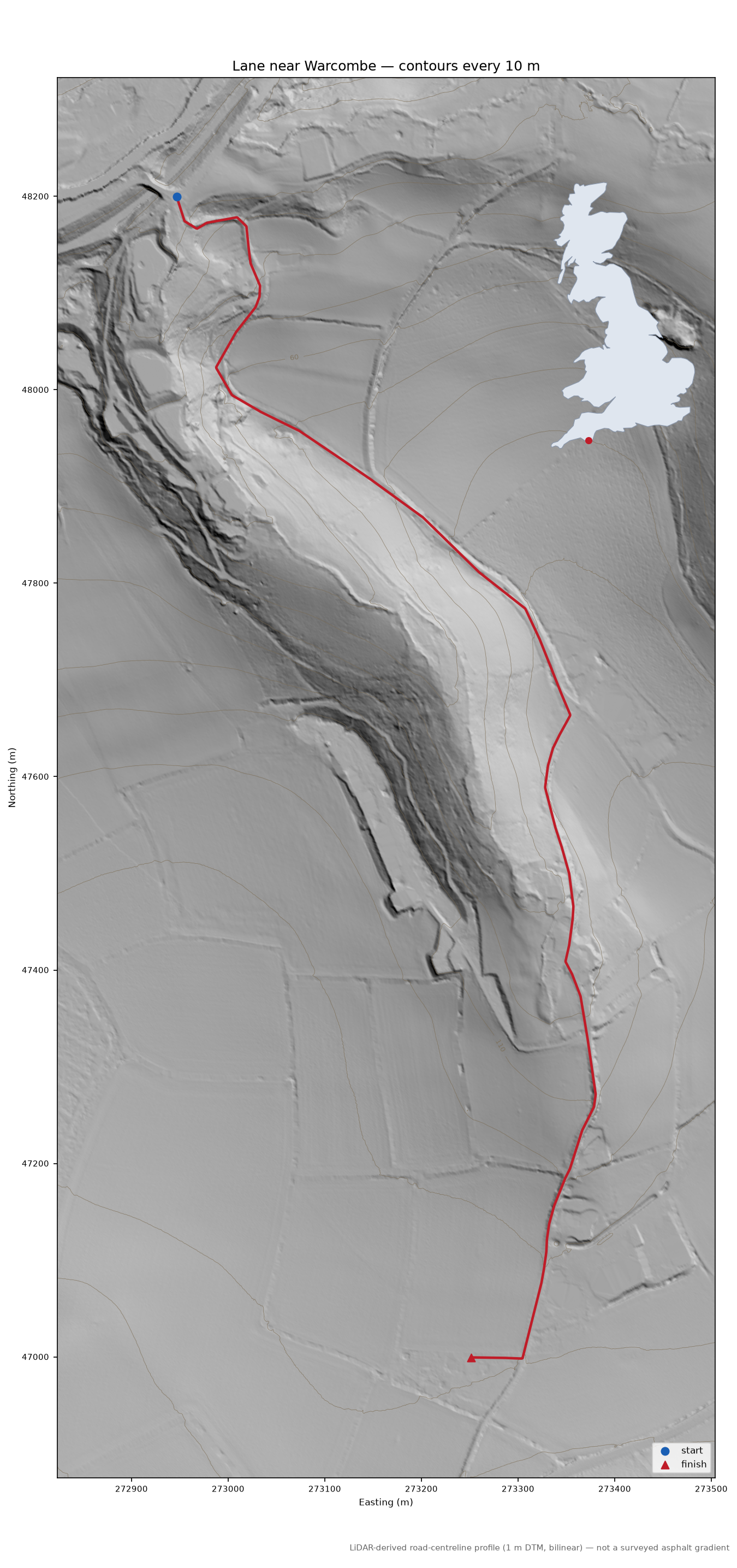 Lane near Warcombe LiDAR hillshade map with contours