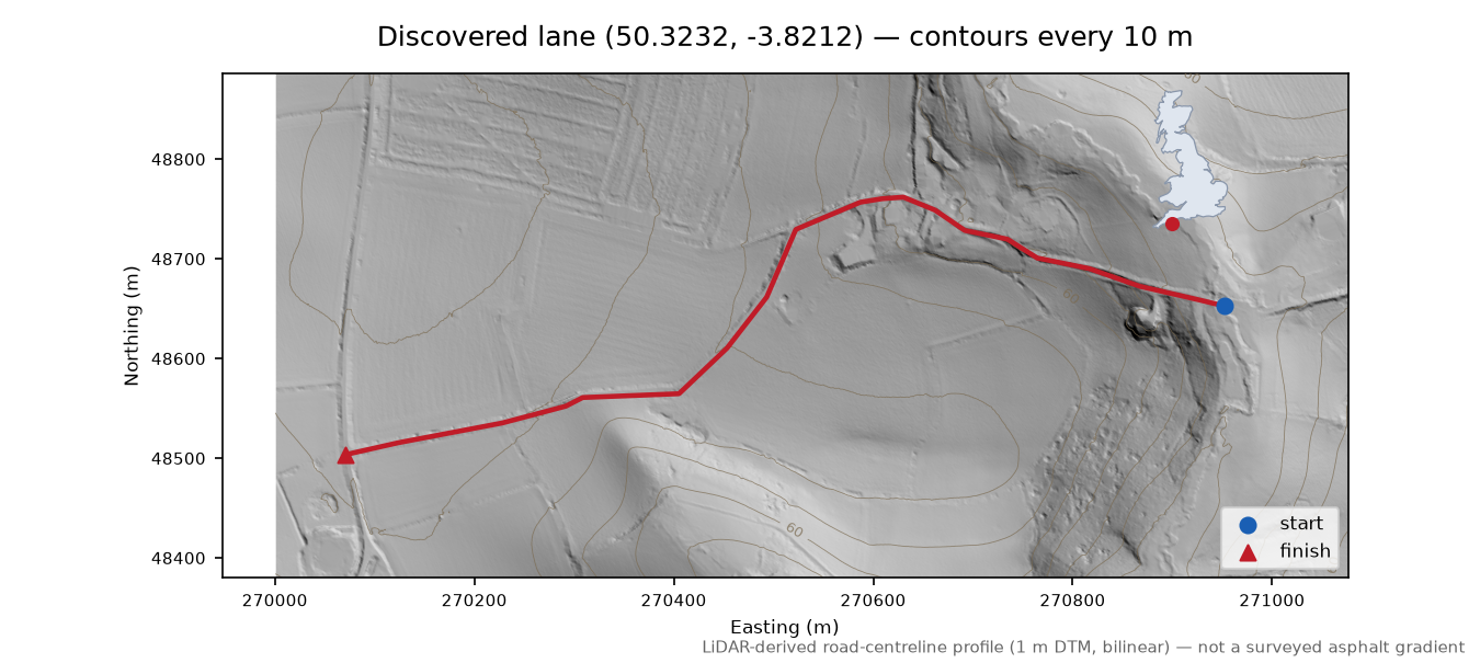 Loddiswell to Ashford LiDAR hillshade map with contours