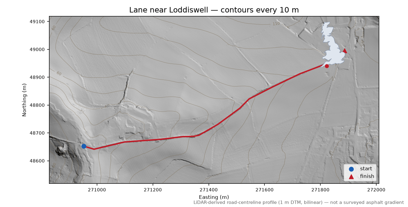 Lane near Loddiswell LiDAR hillshade map with contours