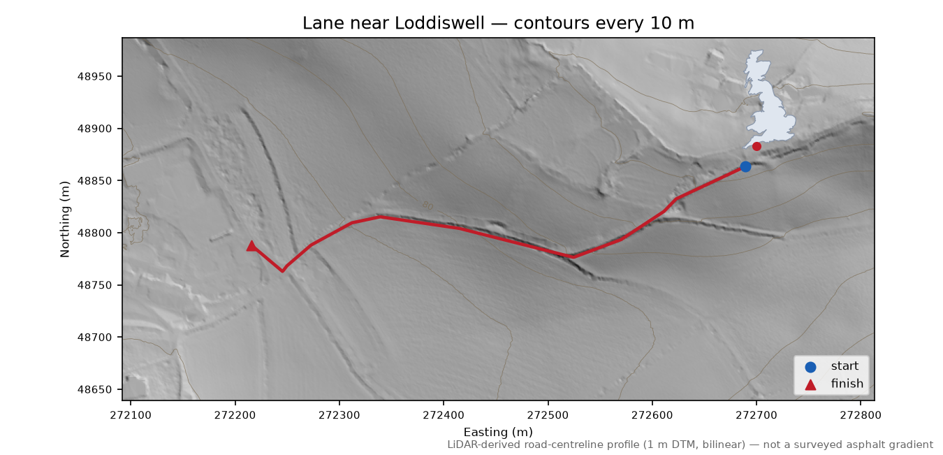 Lane near Loddiswell LiDAR hillshade map with contours