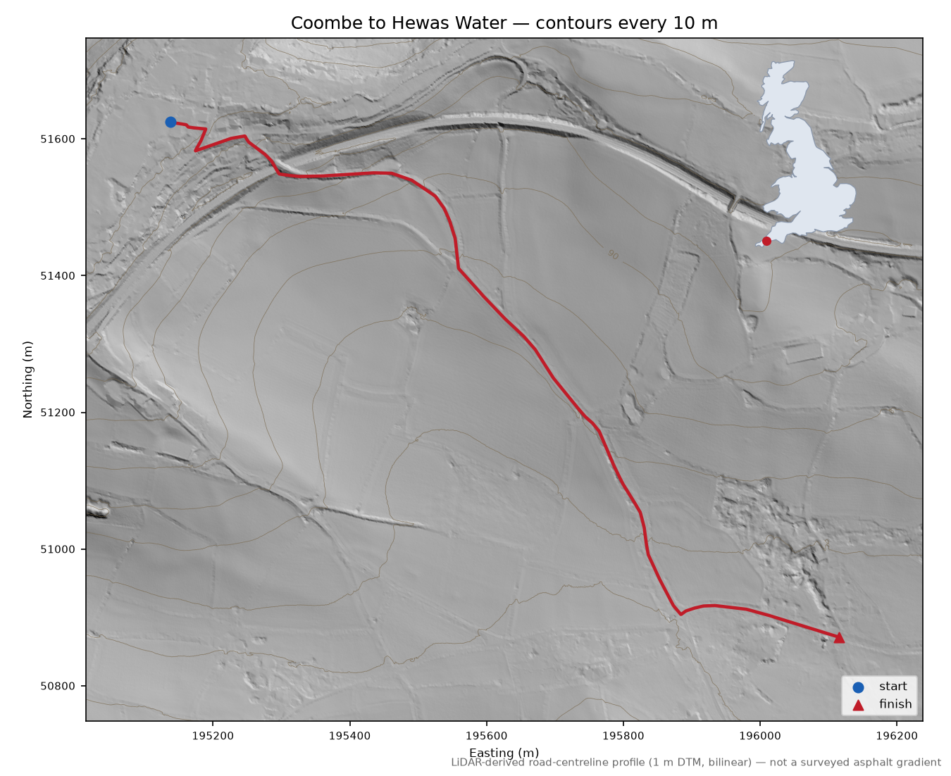 Coombe to Hewas Water LiDAR hillshade map with contours
