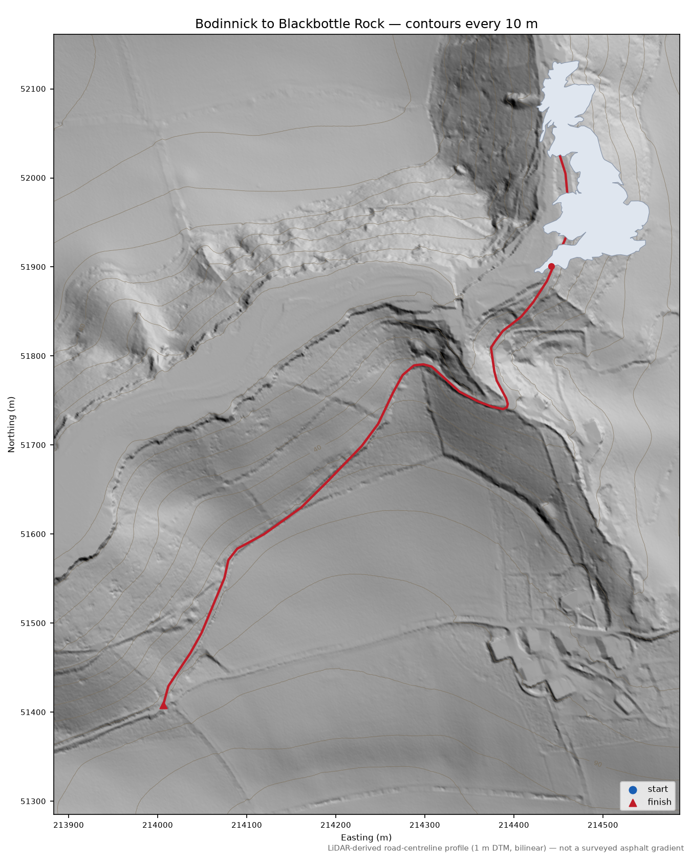 Bodinnick to Blackbottle Rock LiDAR hillshade map with contours