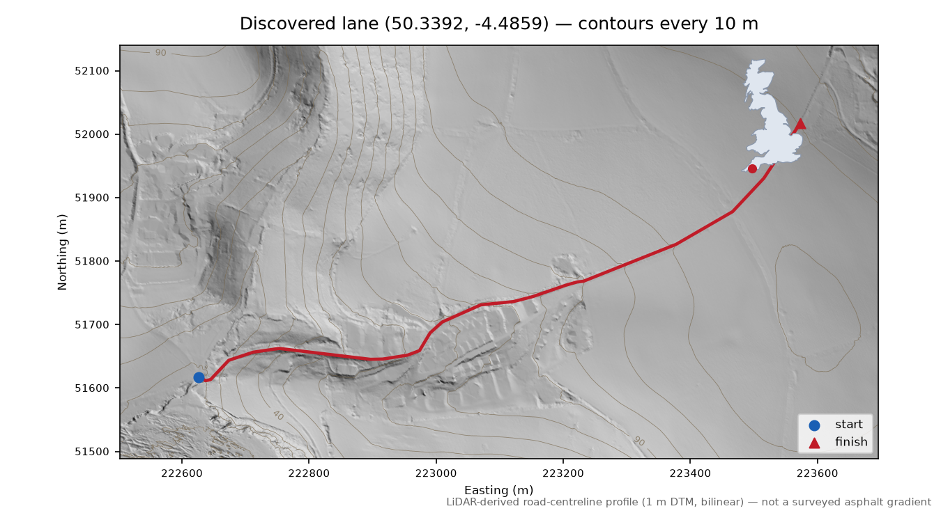 Porthallow to Talland LiDAR hillshade map with contours