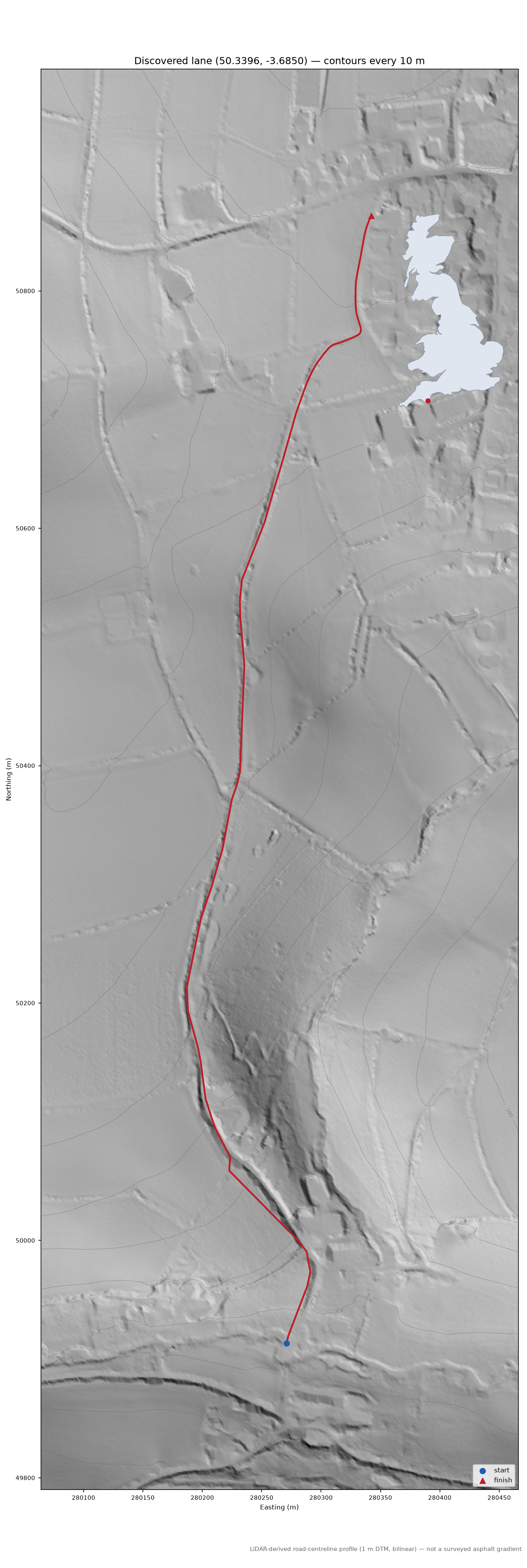 Millcombe to Blackawton LiDAR hillshade map with contours