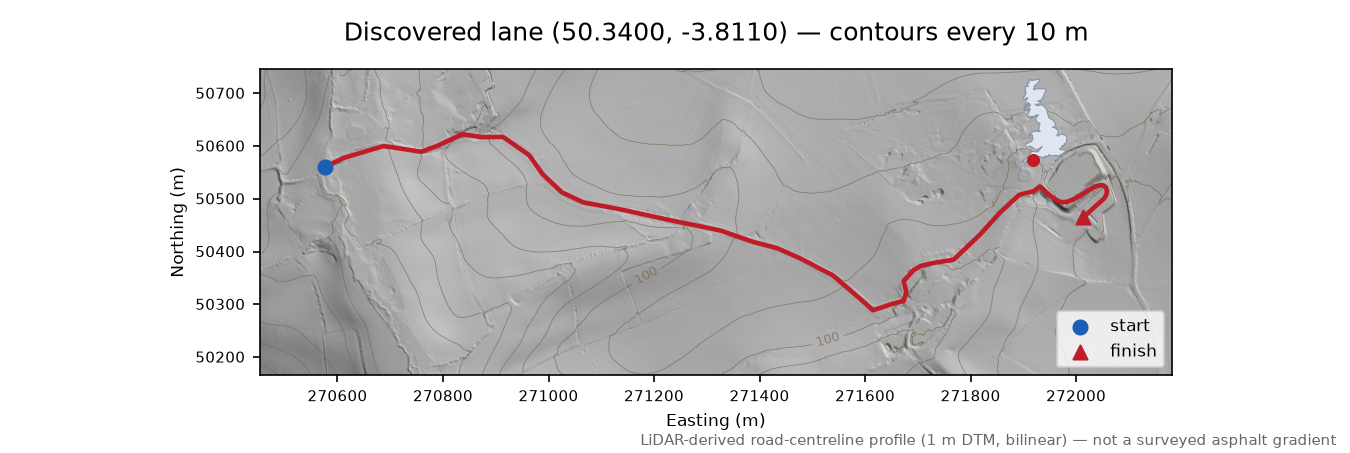 Lane near Blackdown Hill LiDAR hillshade map with contours