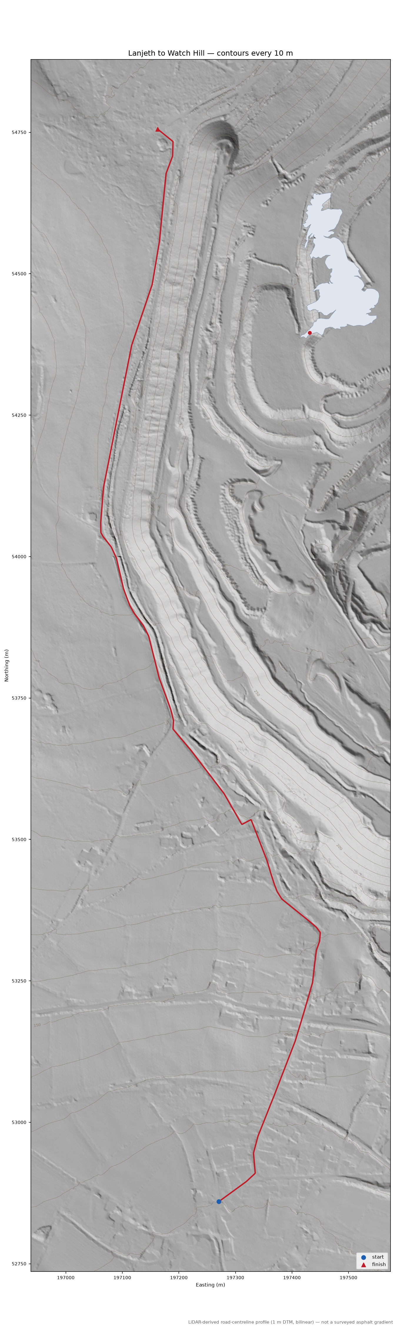 Lanjeth to Watch Hill LiDAR hillshade map with contours