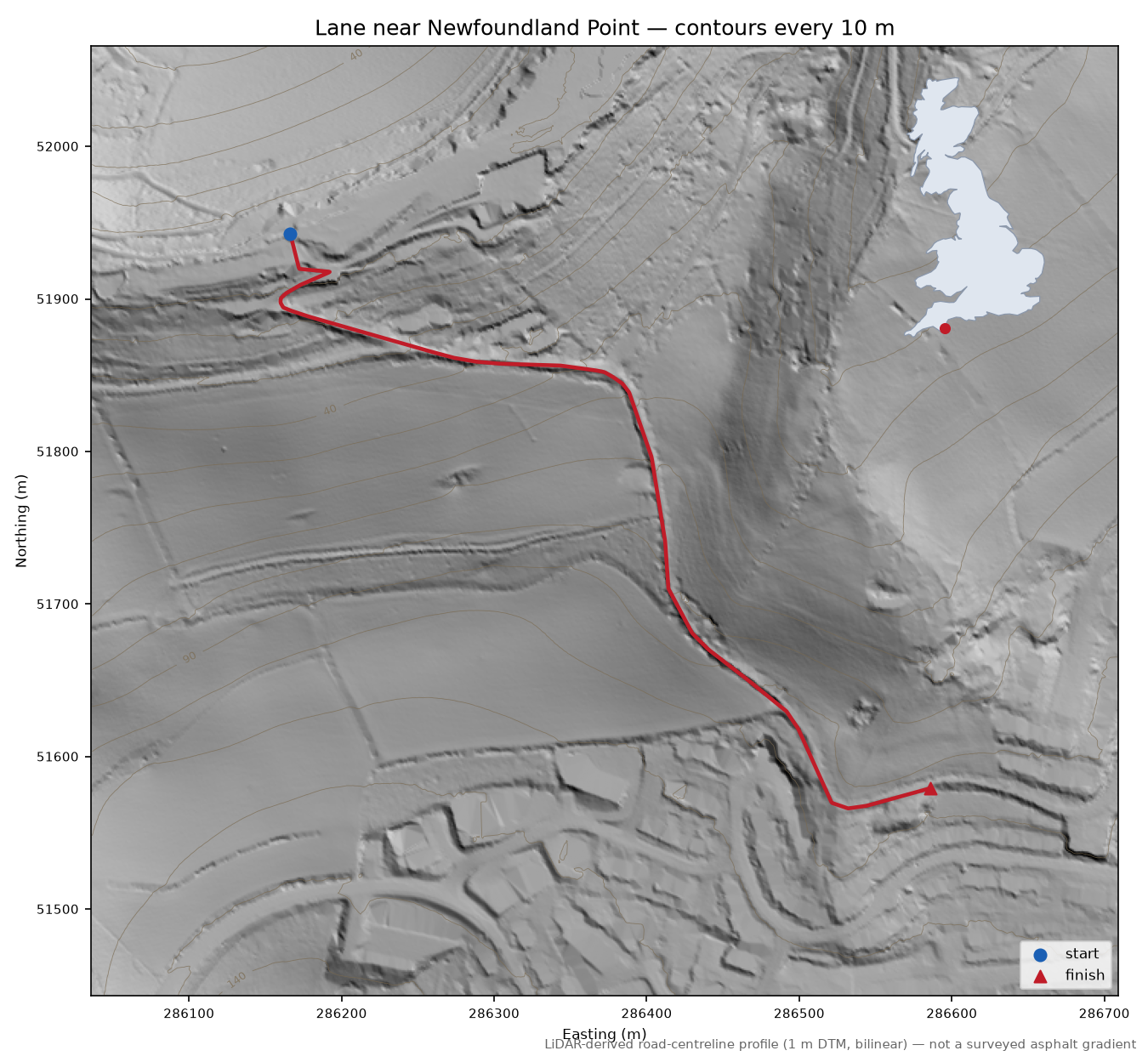 Lane near Newfoundland Point LiDAR hillshade map with contours