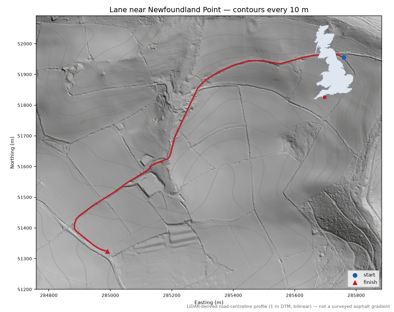 Lane near Newfoundland Point LiDAR hillshade map with contours
