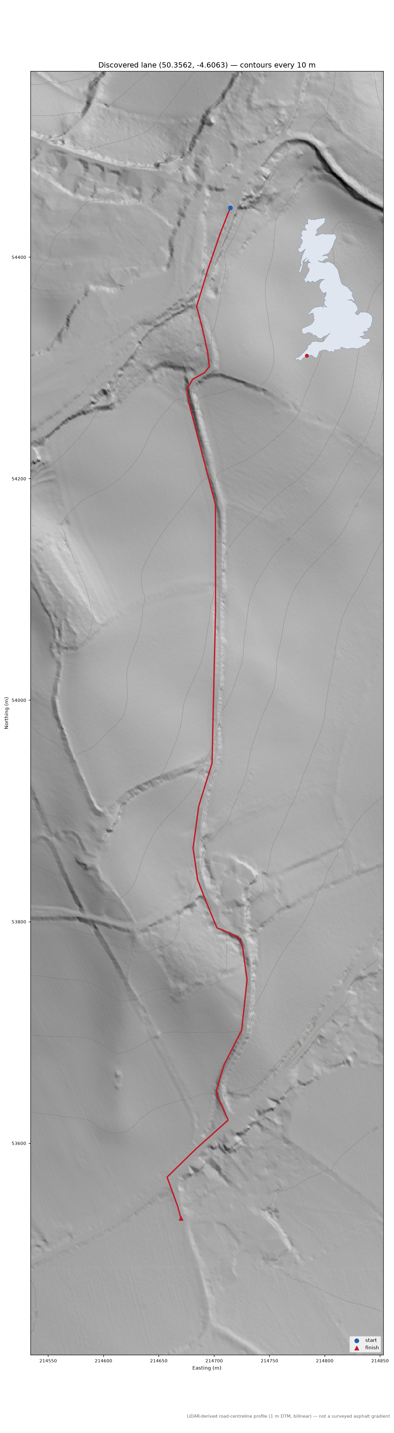 Penpoll to Lanteglos Highway LiDAR hillshade map with contours