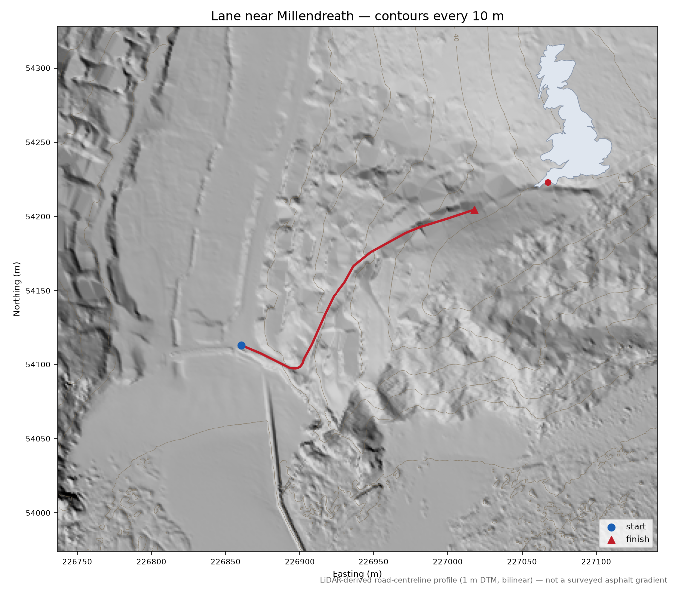Lane near Millendreath LiDAR hillshade map with contours