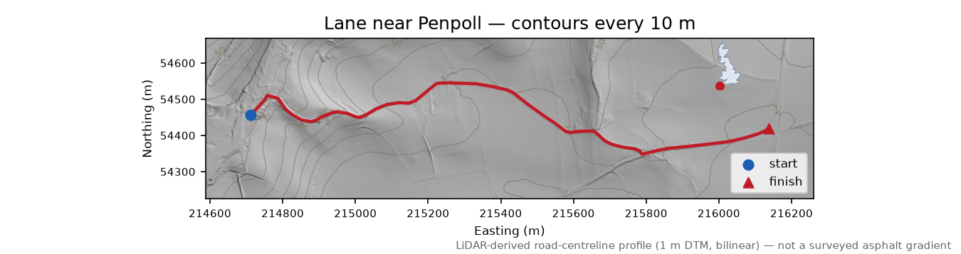 Lane near Penpoll LiDAR hillshade map with contours