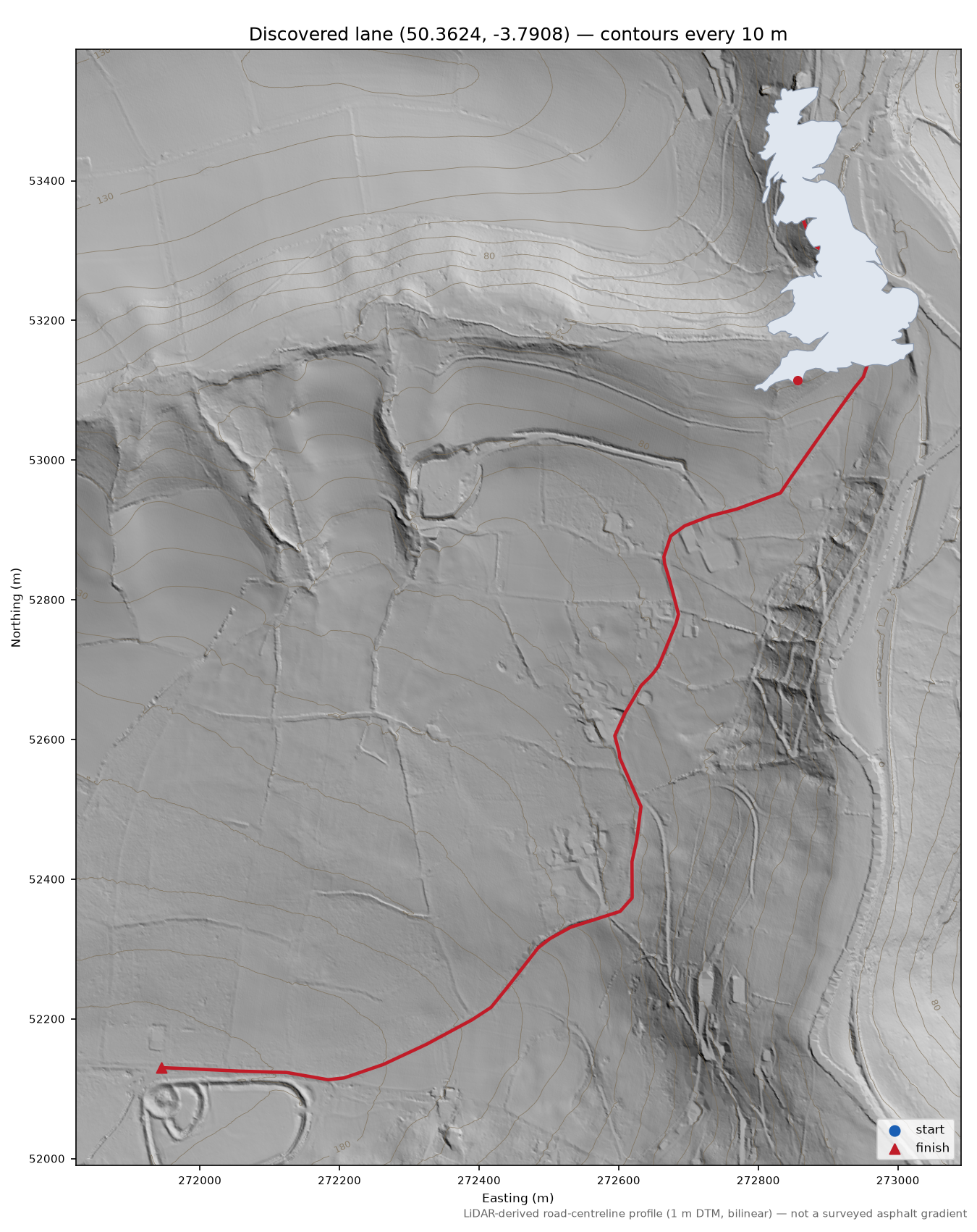 Cox Hill to Blackdown Hill LiDAR hillshade map with contours