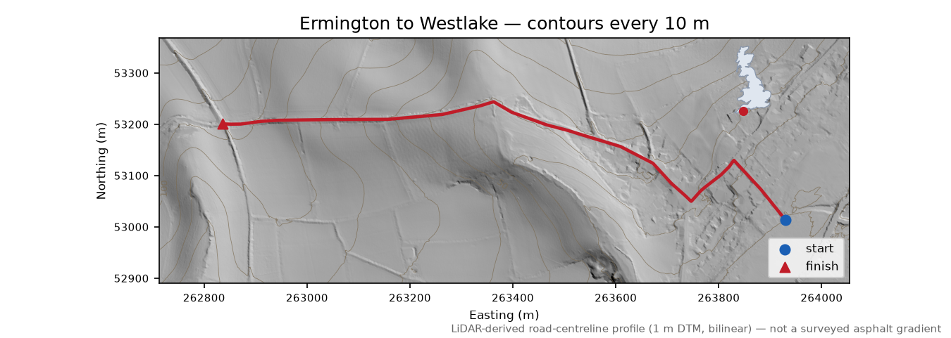 Ermington to Westlake LiDAR hillshade map with contours