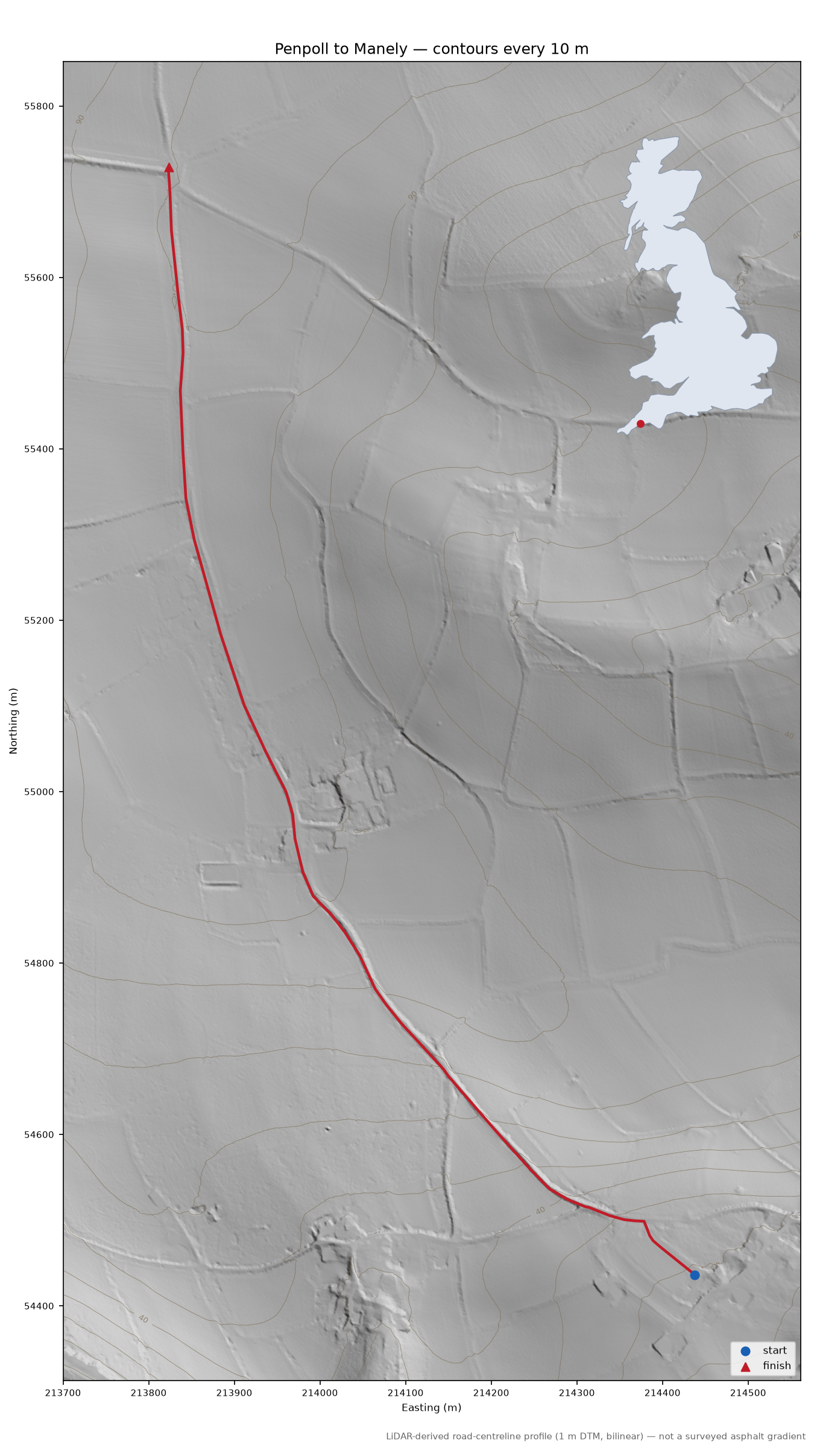 Penpoll to Manely LiDAR hillshade map with contours
