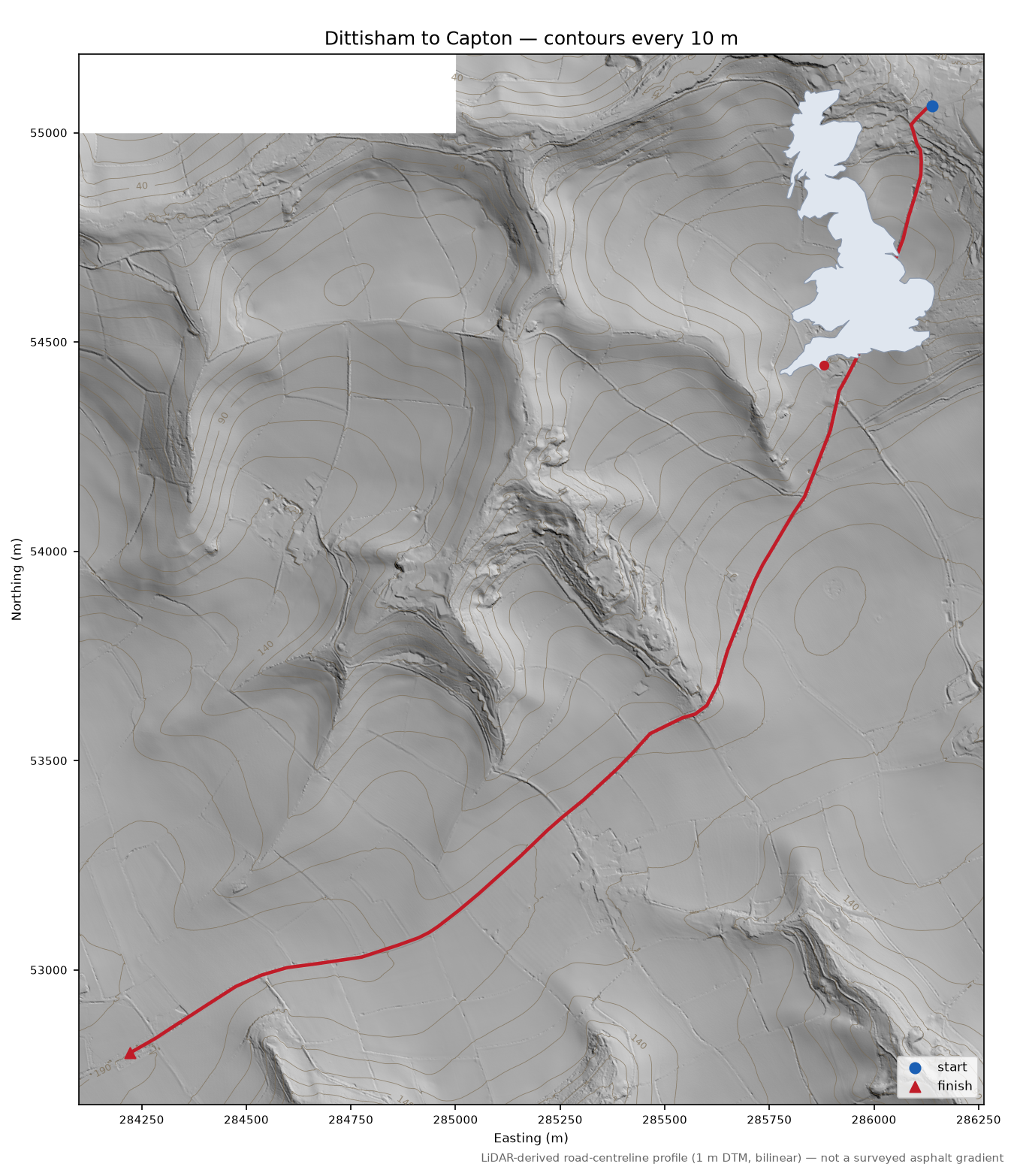 Dittisham to Capton LiDAR hillshade map with contours