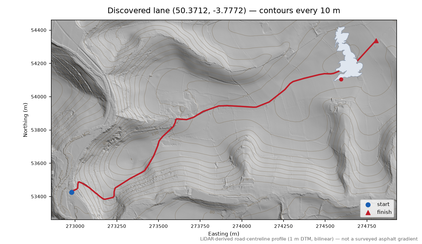 Cox Hill to Curtisknowle LiDAR hillshade map with contours