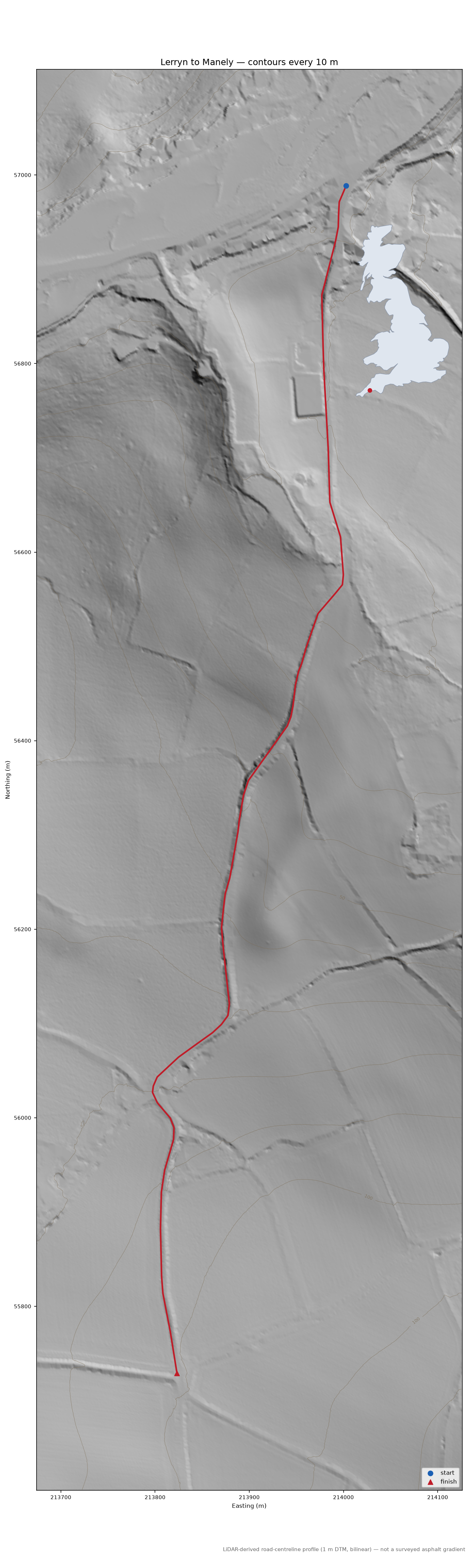 Lerryn to Manely LiDAR hillshade map with contours