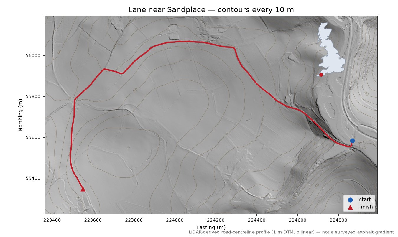 Lane near Sandplace LiDAR hillshade map with contours