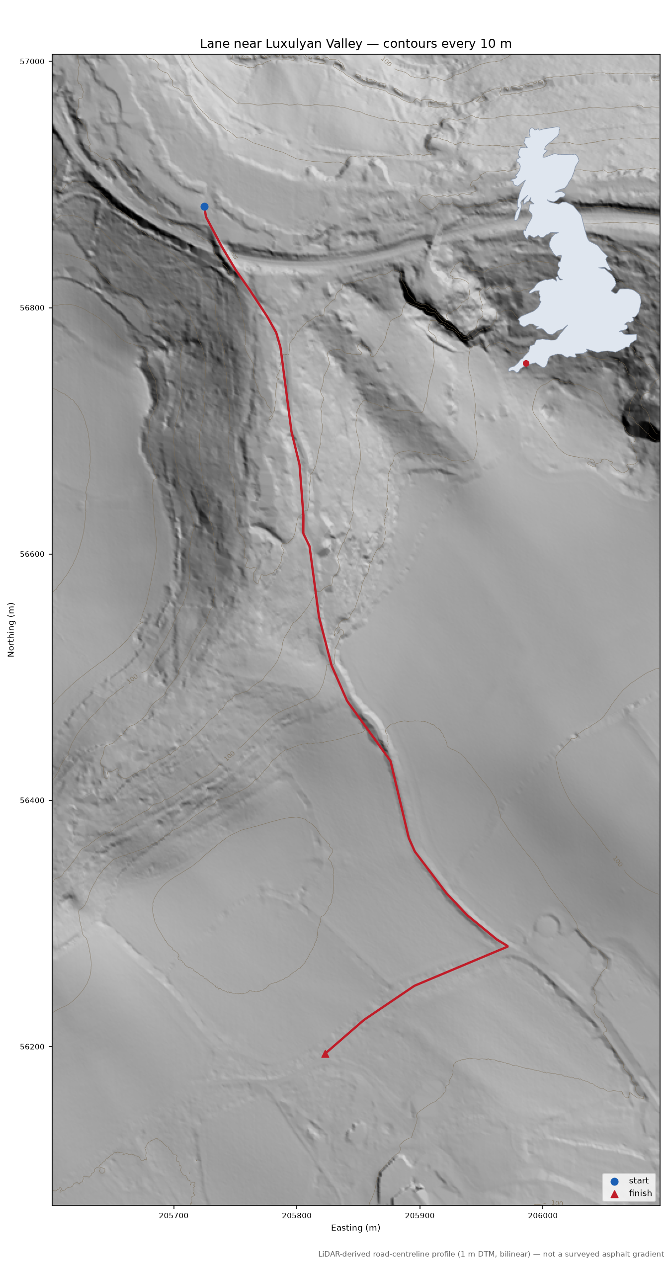 Lane near Luxulyan Valley LiDAR hillshade map with contours