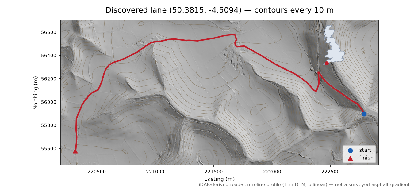 Muchlarnick to Pelynt LiDAR hillshade map with contours