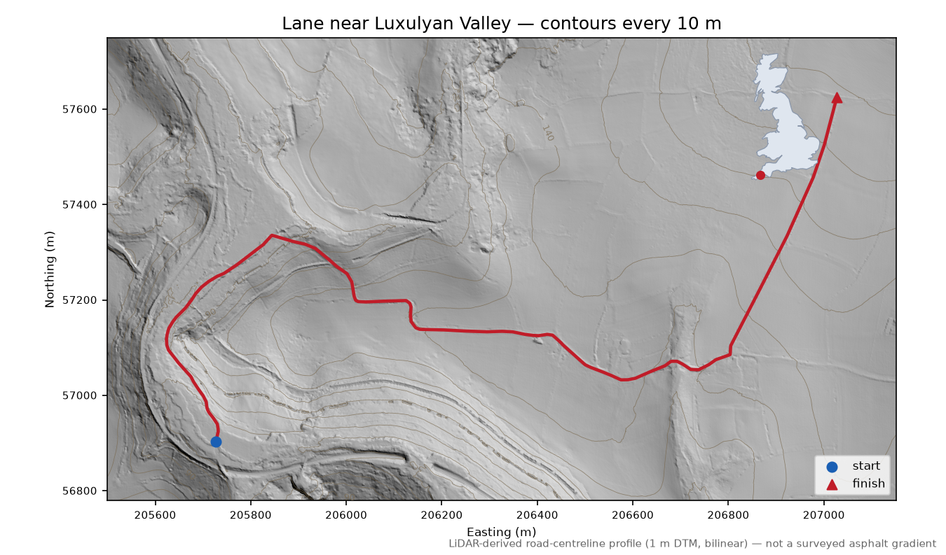Lane near Luxulyan Valley LiDAR hillshade map with contours