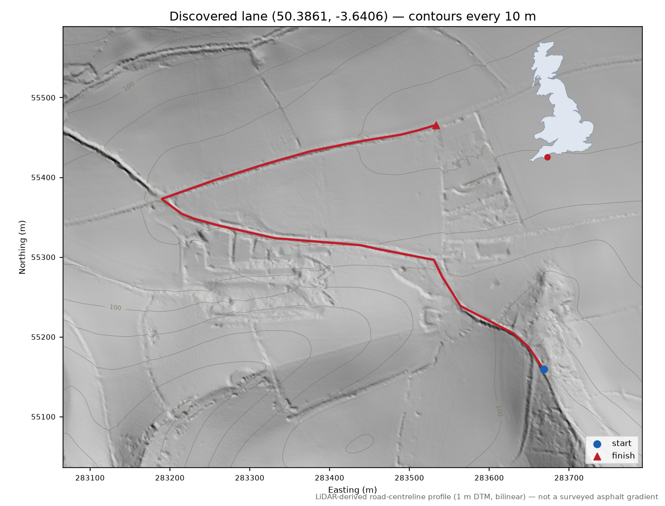 East Cornworthy to Cornworthy LiDAR hillshade map with contours