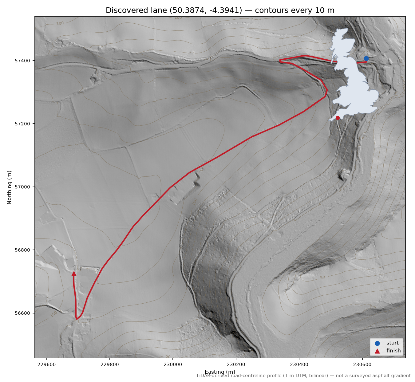 Hessenford to Trelowia LiDAR hillshade map with contours