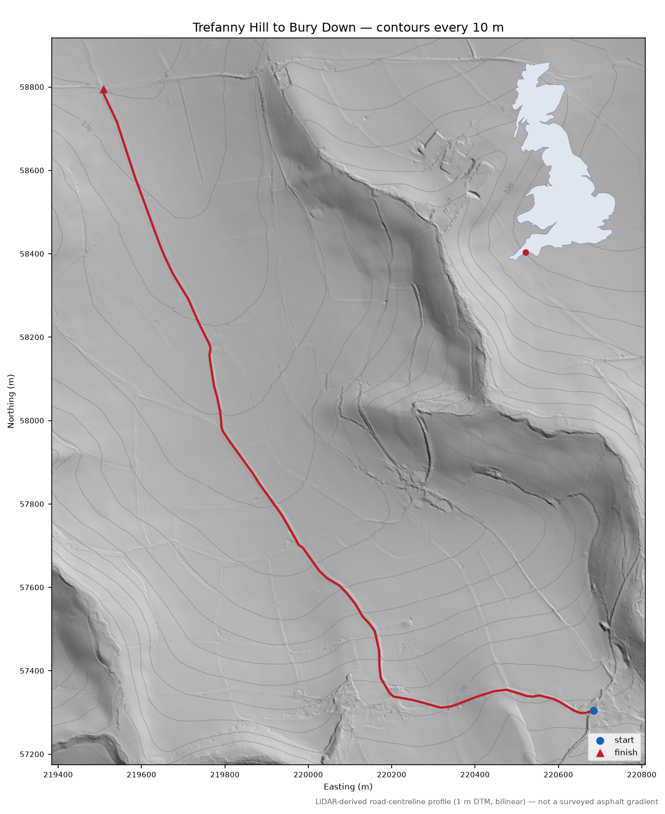 Trefanny Hill to Bury Down LiDAR hillshade map with contours