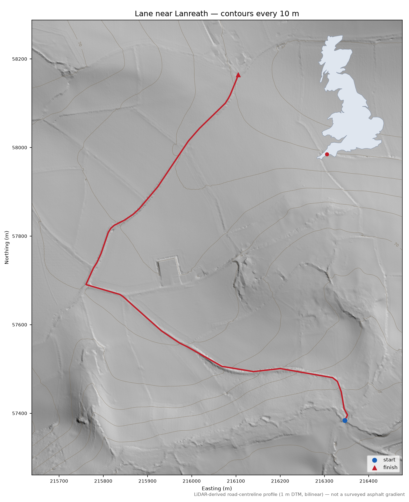 Lane near Lanreath LiDAR hillshade map with contours