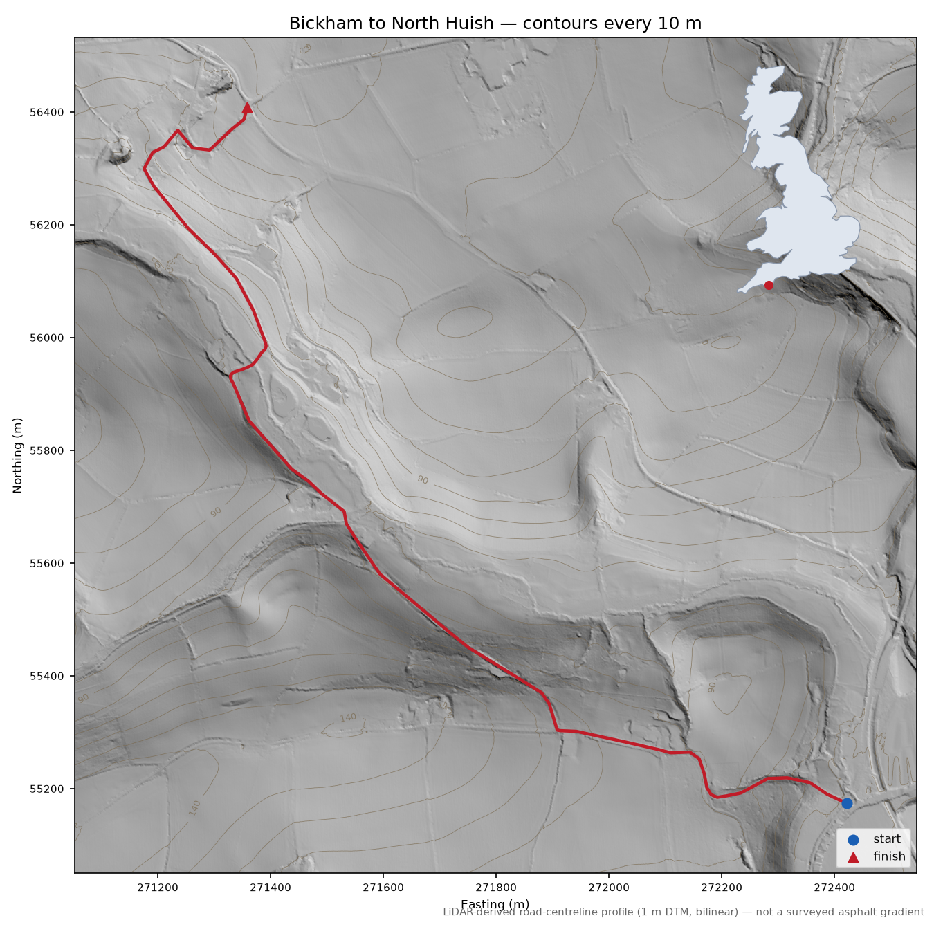 Bickham to North Huish LiDAR hillshade map with contours