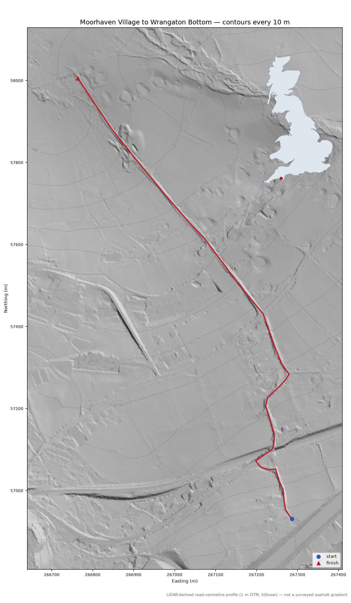 Moorhaven Village to Wrangaton Bottom LiDAR hillshade map with contours
