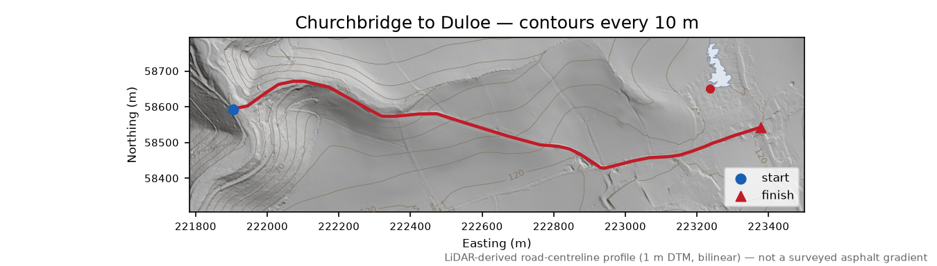 Churchbridge to Duloe LiDAR hillshade map with contours