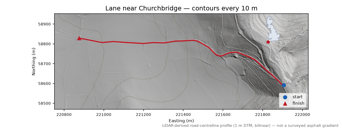 Lane near Churchbridge LiDAR hillshade map with contours