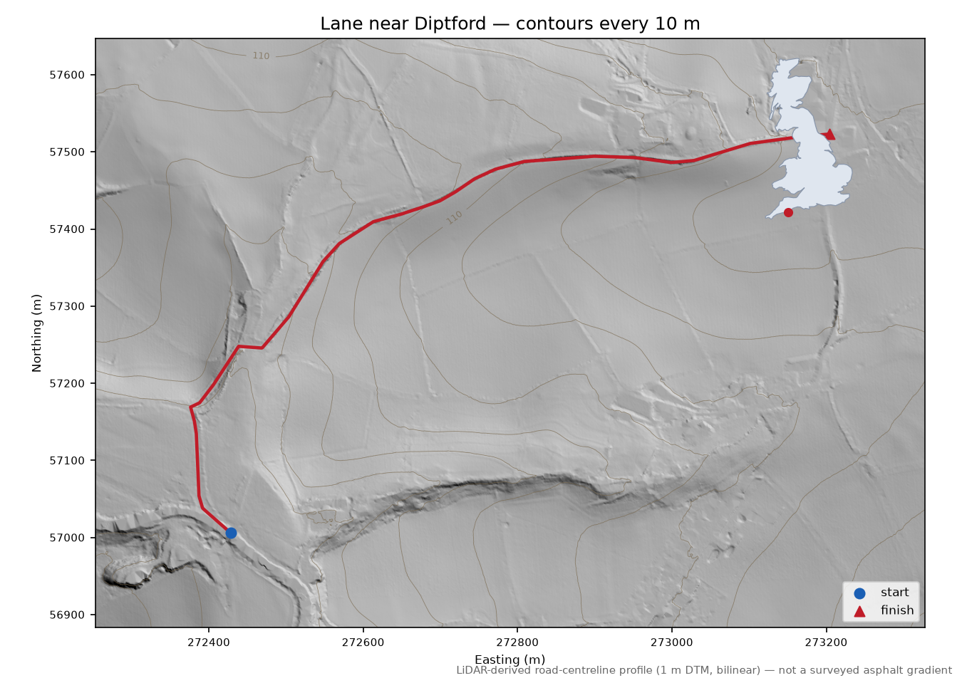 Lane near Diptford LiDAR hillshade map with contours