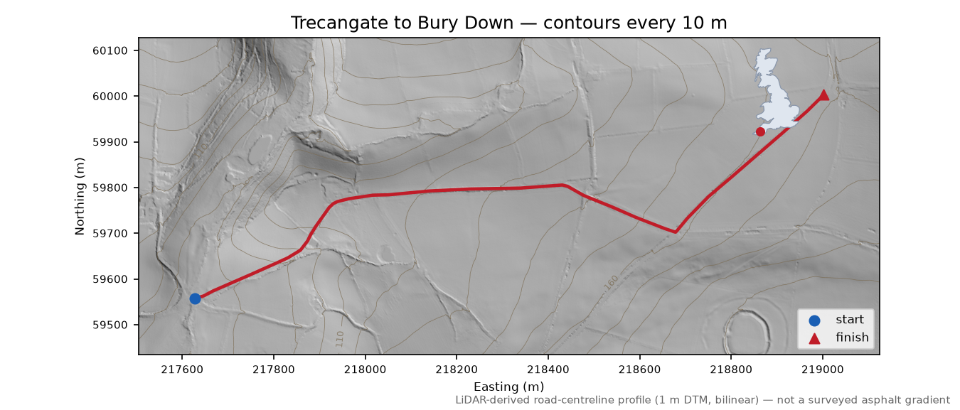 Trecangate to Bury Down LiDAR hillshade map with contours
