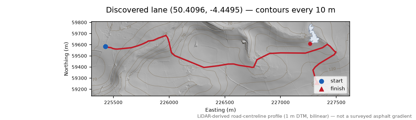 Trewidland to Wringworthy LiDAR hillshade map with contours