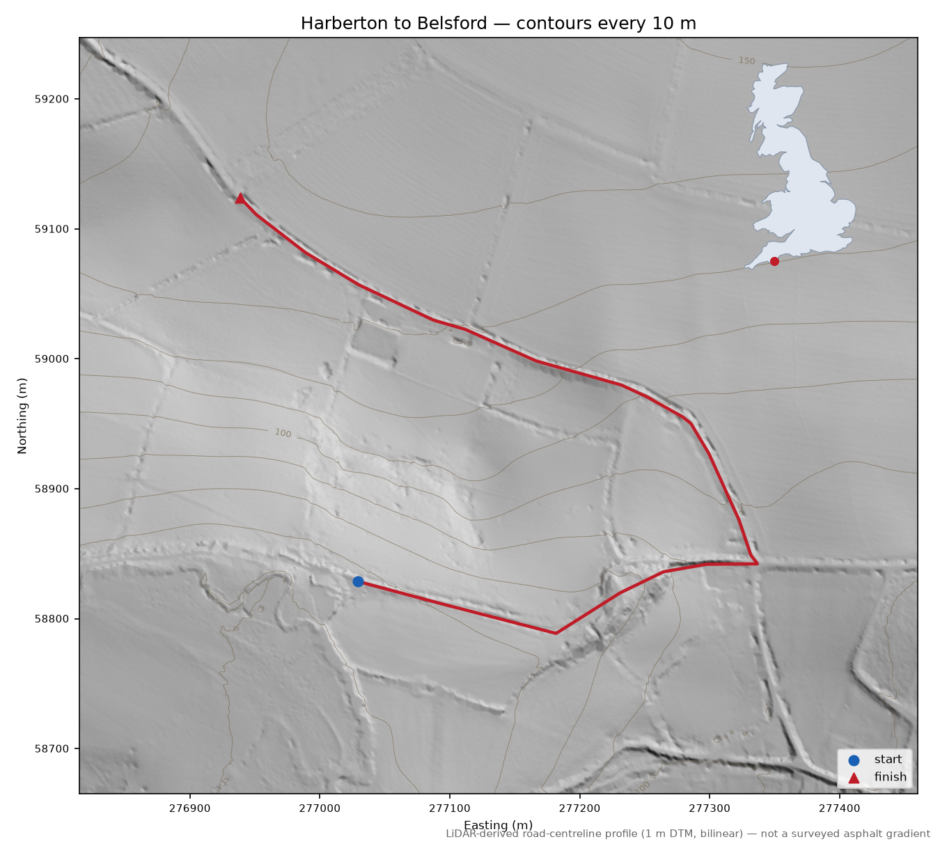 Harberton to Belsford LiDAR hillshade map with contours