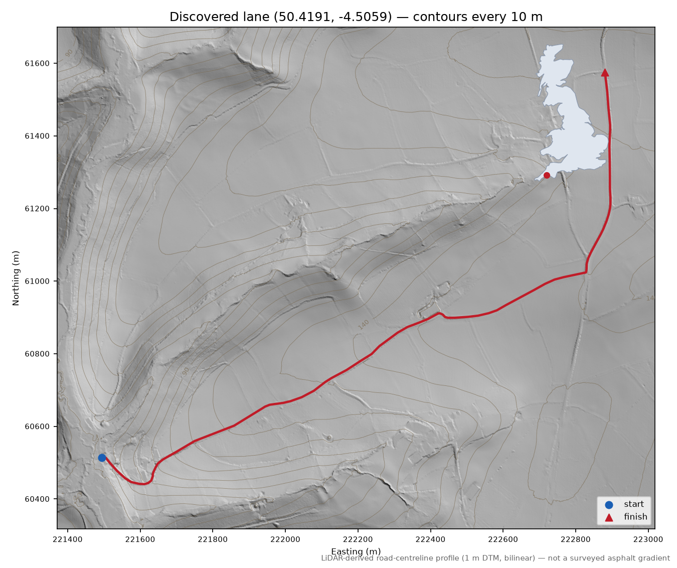 Herodsfoot to St Keyne LiDAR hillshade map with contours
