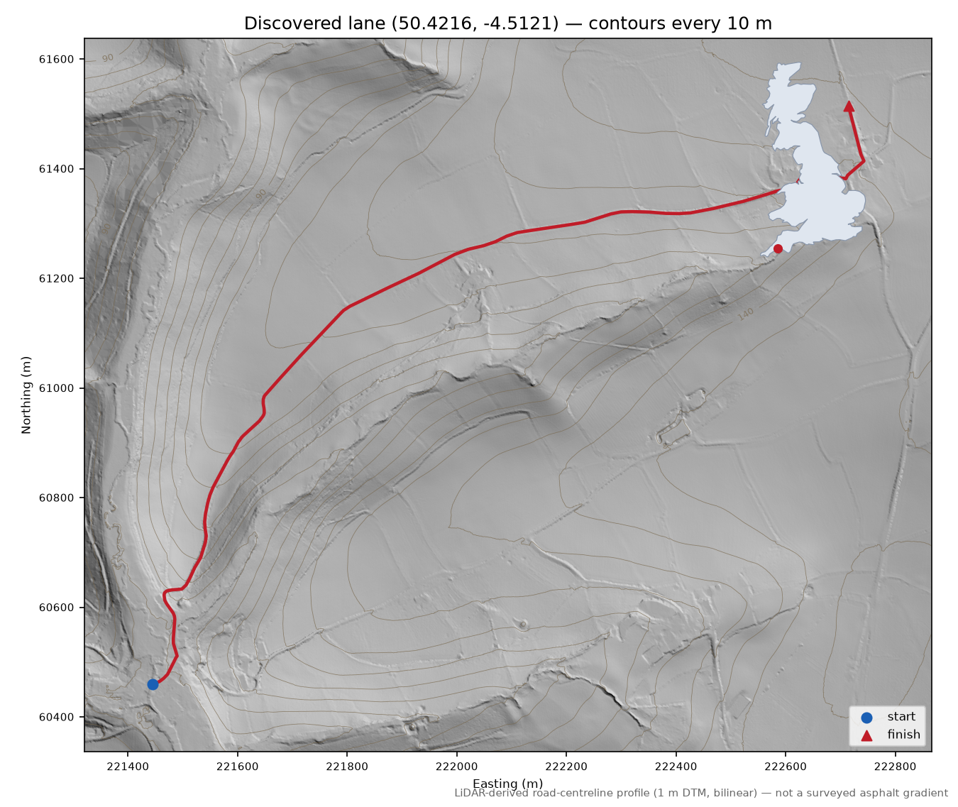 Herodsfoot to St Keyne LiDAR hillshade map with contours