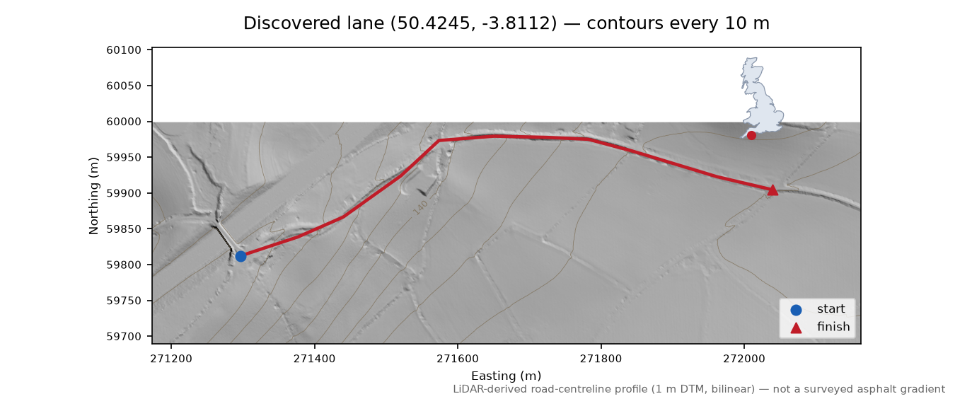 Lane near South Brent LiDAR hillshade map with contours