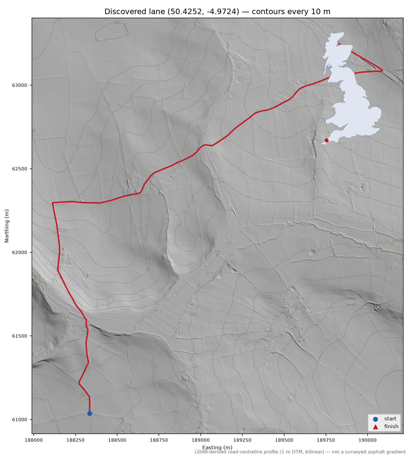 Lane near Trebudannon LiDAR hillshade map with contours