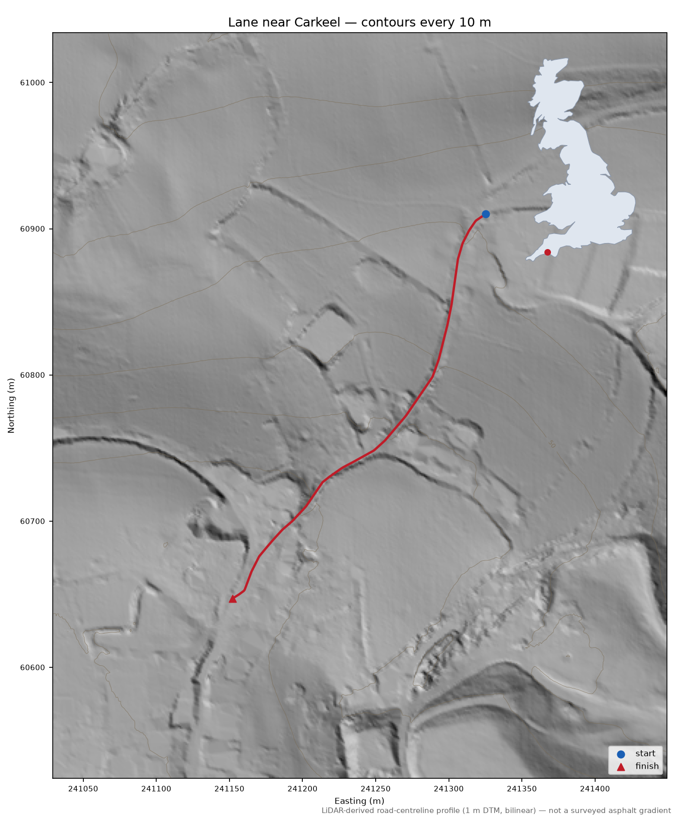 Lane near Carkeel LiDAR hillshade map with contours