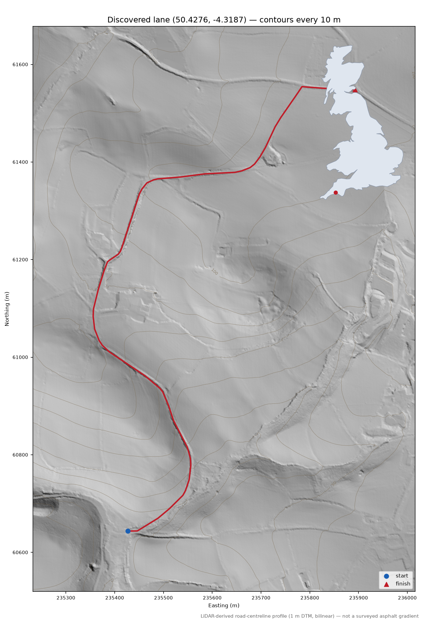 Tideford to Hay Lake Bottom LiDAR hillshade map with contours
