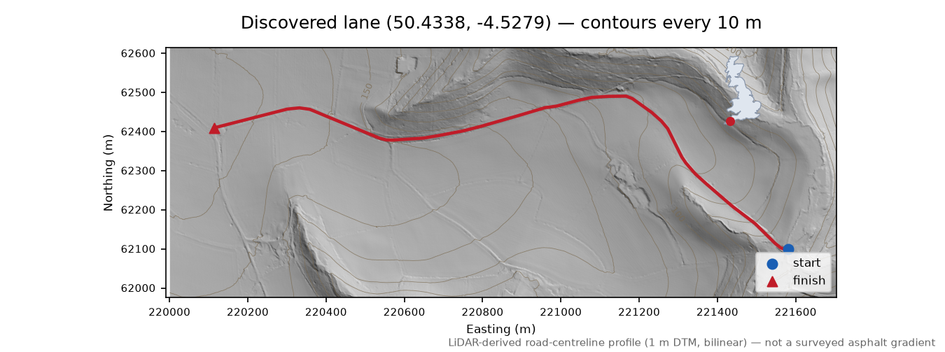 Lane near Herodsfoot LiDAR hillshade map with contours