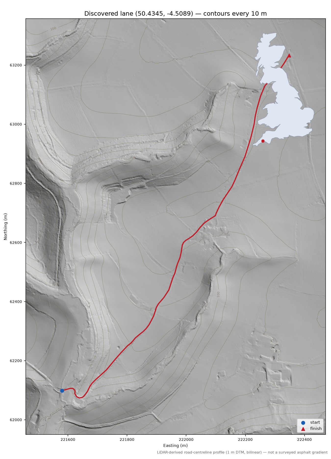 Lane near Herodsfoot LiDAR hillshade map with contours