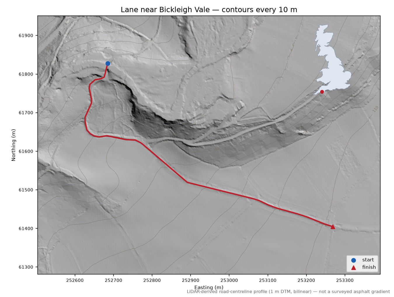 Lane near Bickleigh Vale LiDAR hillshade map with contours