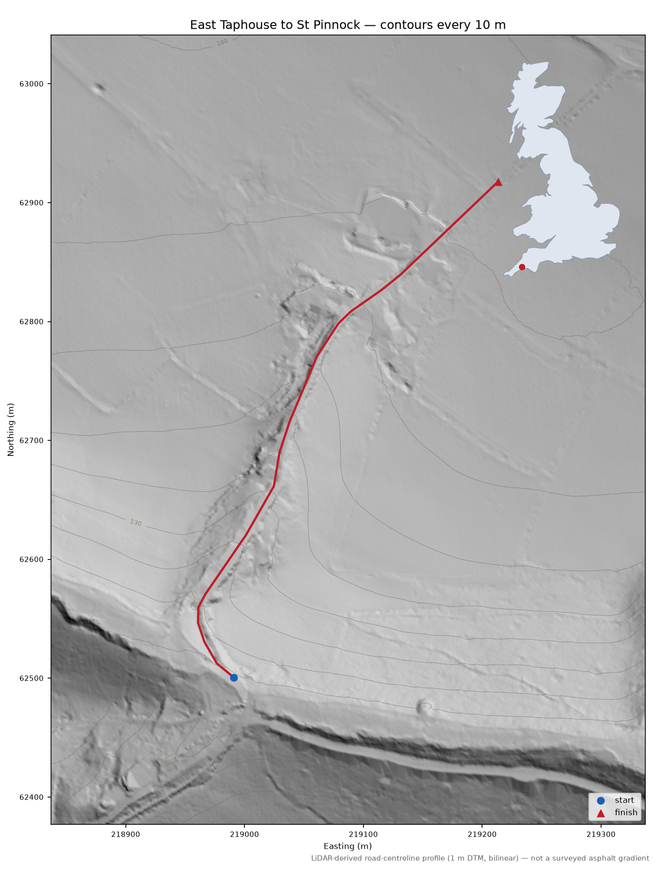 East Taphouse to St Pinnock LiDAR hillshade map with contours